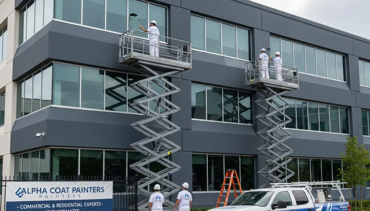 Professional commercial painters working on business exterior in Vancouver, WA