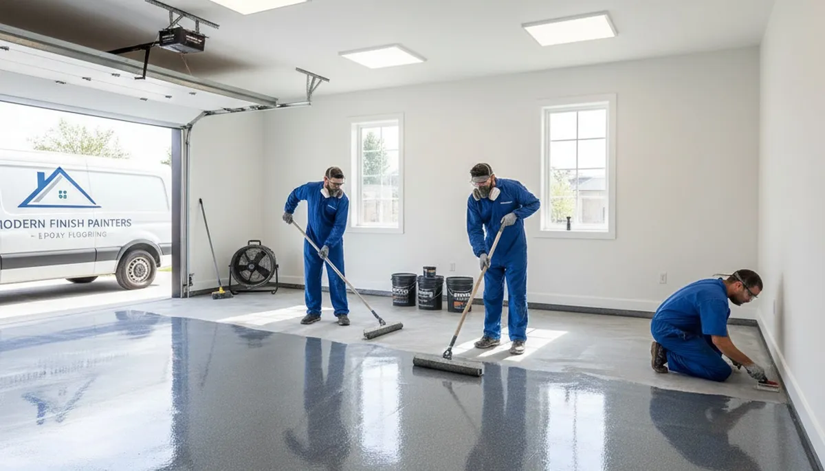 Epoxy floor coating in a Vancouver WA garage by professional house painters for durable, glossy finish