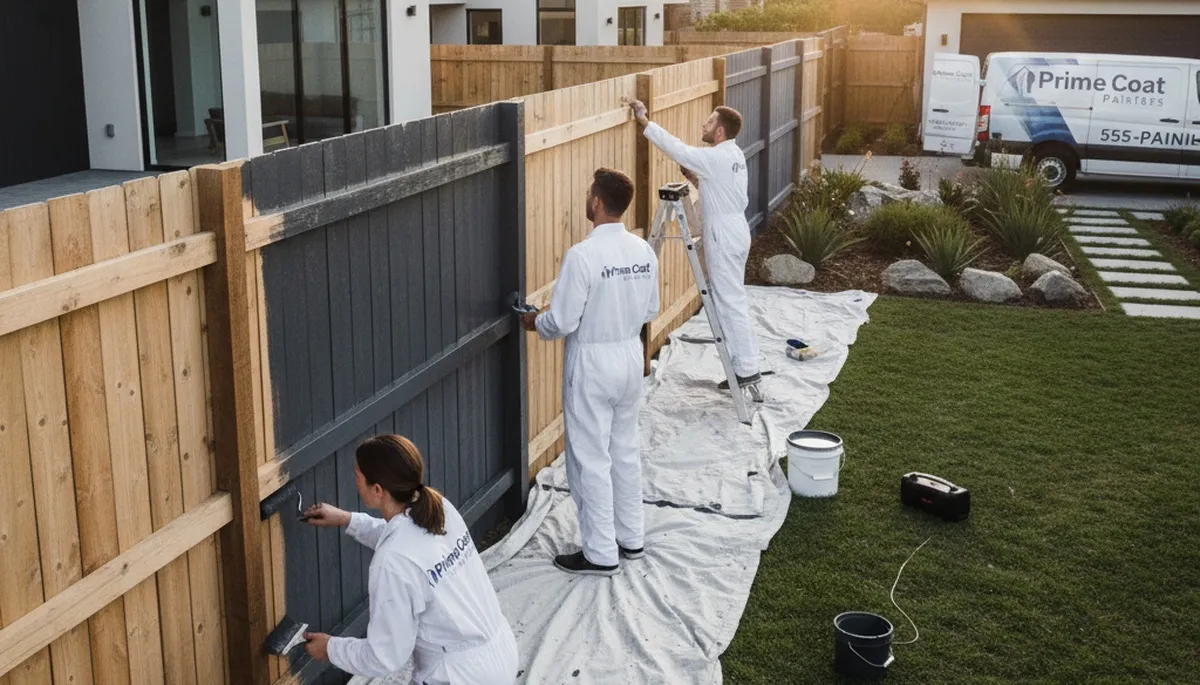 Professional fence painters coating wood fence in Vancouver, WA for lasting weather protection