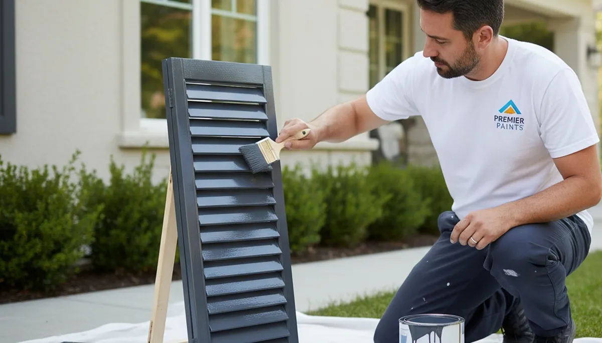 Professional painters refinishing exterior shutters in Vancouver, WA with weather-resistant paint finish